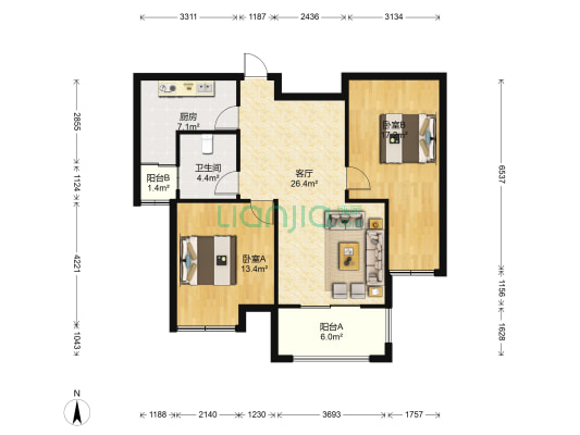华锦锦园 2室1厅1卫 87平方