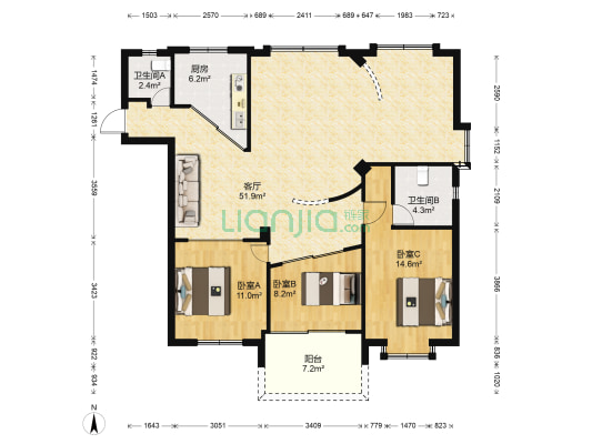 河下社区 3室1厅2卫 122平方