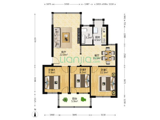 玉兰苑 3室2厅1卫 88平方