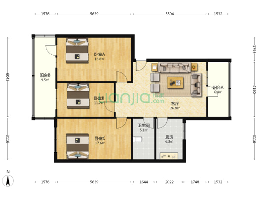 鸿翔路26号 3室1厅1卫 120平方