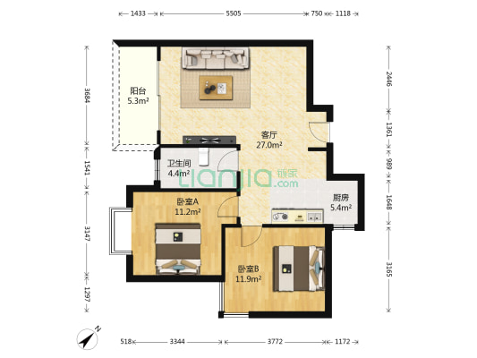 黄果树 2室1厅1卫 85平方