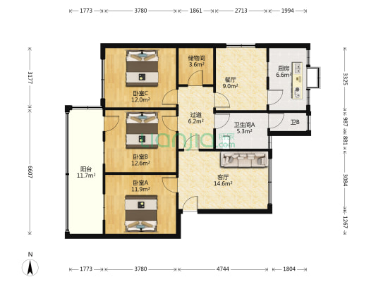 襄阳市工业干部学校 3室2厅2卫 115平方