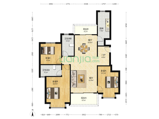 恒大翡翠华庭 3室2厅2卫 129平方