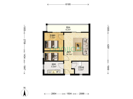 精装小两居，户型方正，采光充足，证满二。税费第-户型图