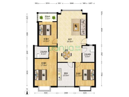天福缘 3室1厅2卫 117平方