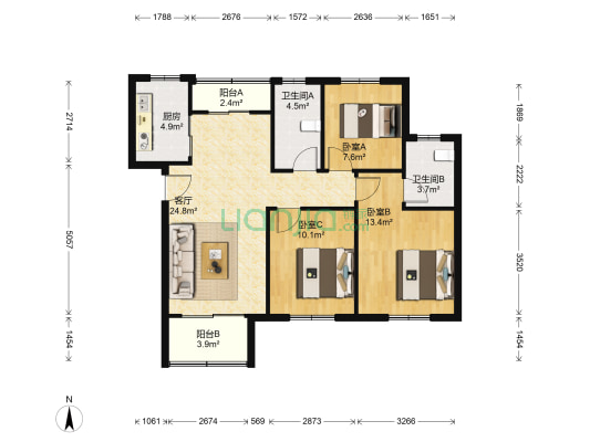 五浦汇A区新塘苑 3室1厅2卫 106平方