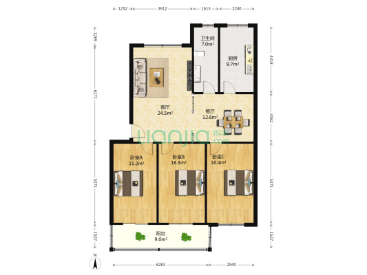 龙祥花园 3室2厅1卫 140平方