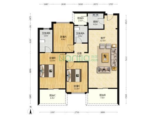 金地湾 3室1厅2卫 125平方