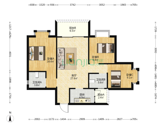 渔龙半湾A区 3室1厅2卫 99平方