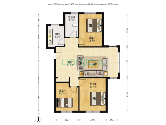 中泰信上景 3室1厅1卫 118平方