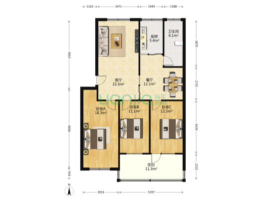 商业大厦家属楼 3室2厅1卫 120平方