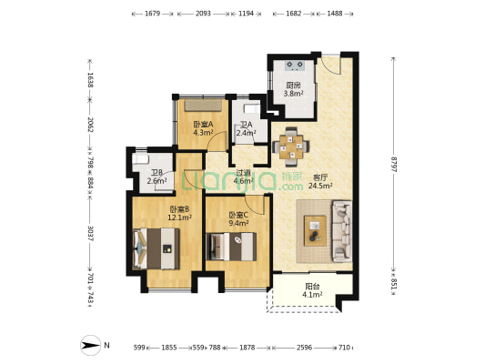 融创湖滨首府 3室1厅2卫 93平方