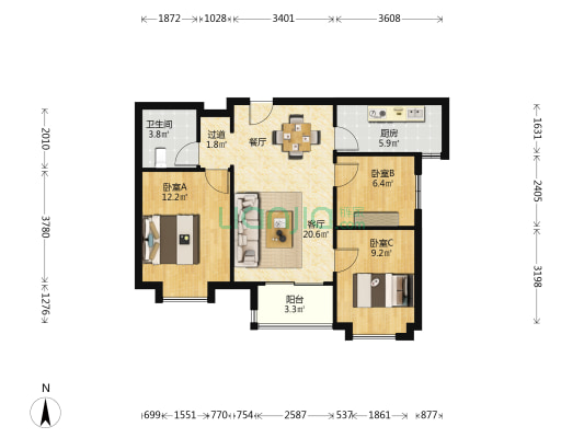 万科金域缇香 3室1厅1卫 88平方