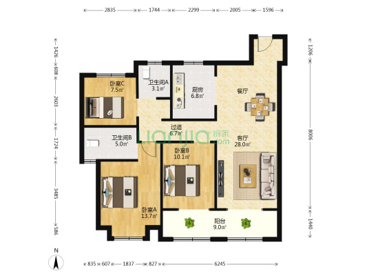 弘阳公园1873 3室1厅2卫 120平方