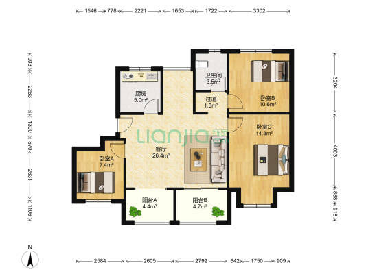 颐河原筑小区 3室1厅1卫 95平方
