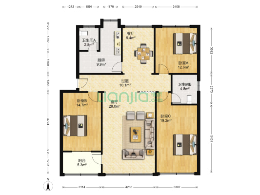 雨花亭办事处宿舍 3室2厅2卫 140平方