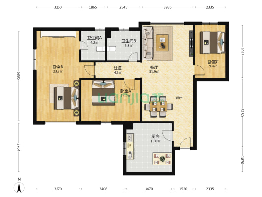 宏泰公寓 3室1厅2卫 152平方