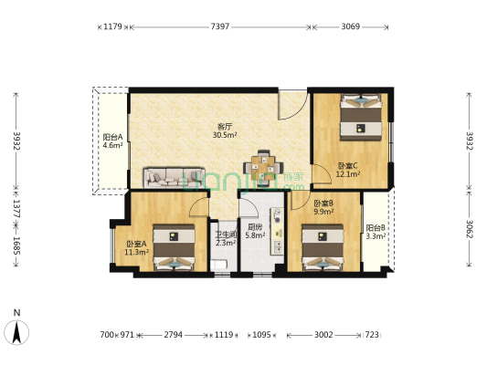 金确美寓 3室1厅1卫 107平方