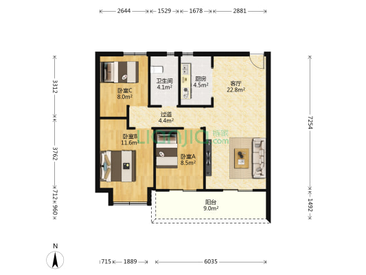 中建中法之星 3室1厅1卫 90平方