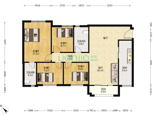 天府南庭 4室1厅2卫 98平方