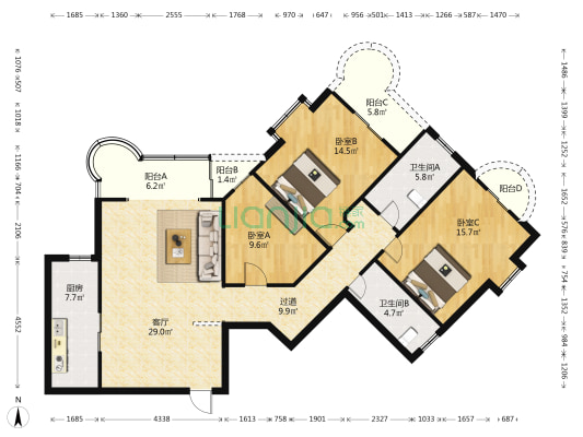 凯旋花园 3室1厅2卫 136平方