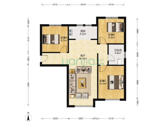 高铁新干线 南北通透大三居 好楼层  业主急售随时过户-户型图