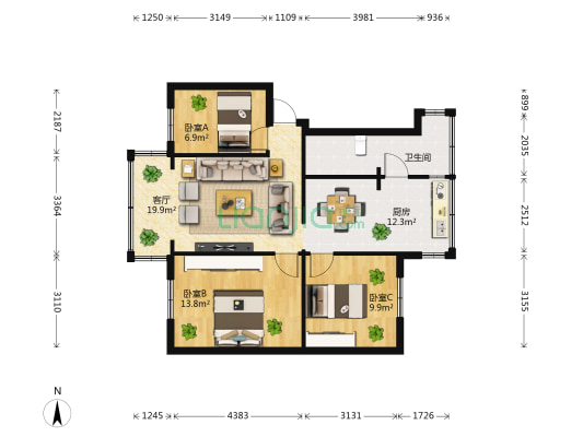 云南省民族事务委员会住宅区东院 3室1厅1卫 65平方