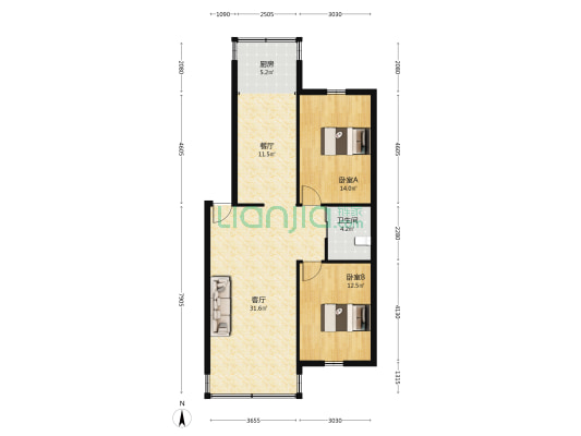 省医院大白楼 2室2厅1卫 90平方