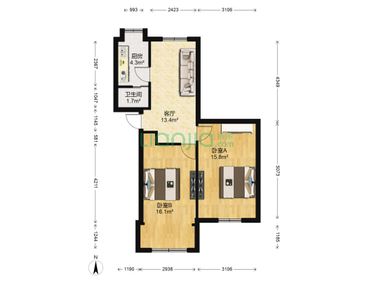 何坊西路京山小区（京山新村） 2室1厅1卫 66平方