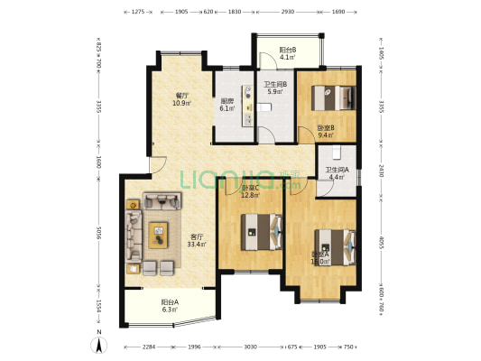 吉盟天下和谐苑 3室2厅2卫 124平方