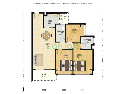 凤翔花园 3室1厅2卫 96平方