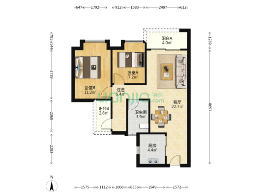 保利天汇 2室1厅1卫 77平方