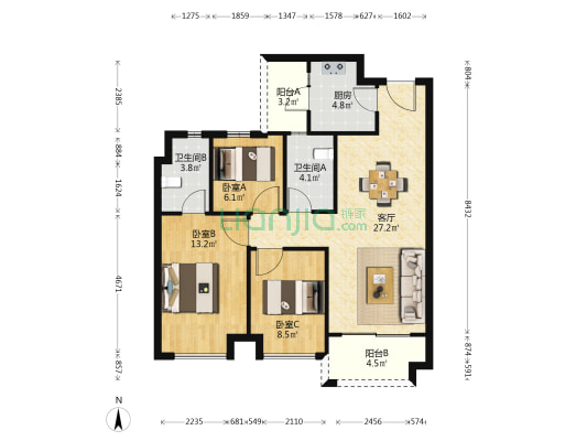 保利锦城 3室1厅2卫 99平方
