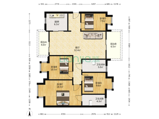 时代香海彼岸2期 4室1厅2卫 129平方