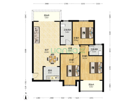 金鼎中央公园 3室1厅2卫 128平方