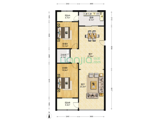 正大公寓 2室2厅1卫 136平方
