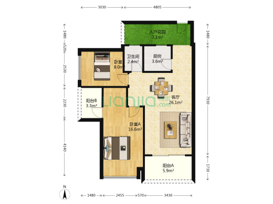 卓悦华府 2室1厅1卫 85平方