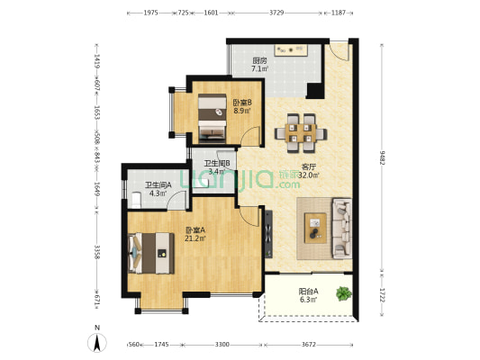 广投龙象府 2室1厅2卫 99平方