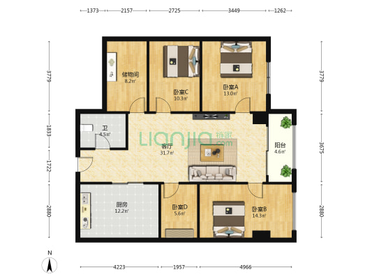 盛达公寓 4室1厅1卫 132平方
