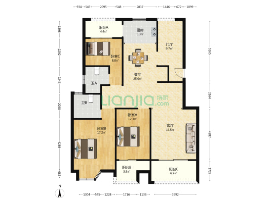 金汇公寓 3室2厅2卫 130平方