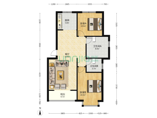 东方新城二期 2室1厅2卫 110平方