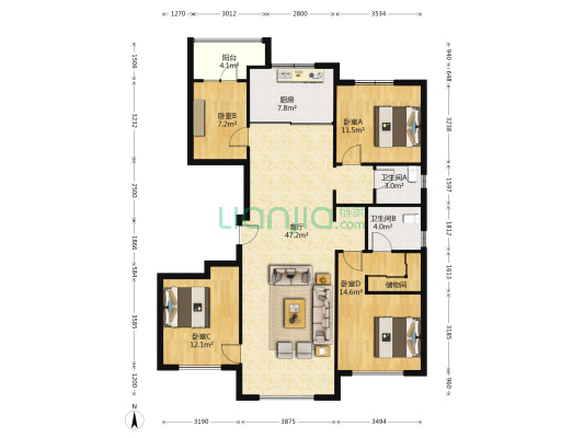 万科圣丰翡翠之光 4室1厅2卫 138平方