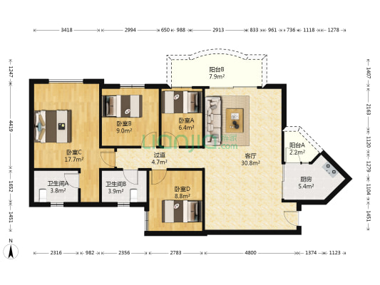 祈福天龙苑 4室1厅2卫 135平方