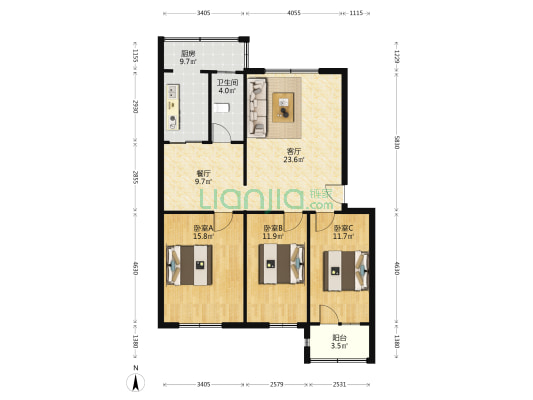 范阳路开发区槐林新村低楼层三阳开泰大三居带地下室-户型图