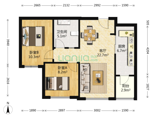 悦龙居 2室1厅1卫 84平方