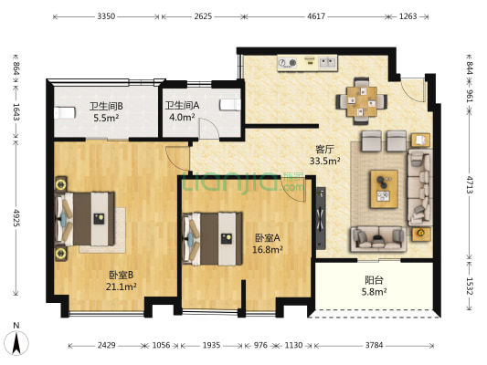陶然居 2室1厅2卫 102平方