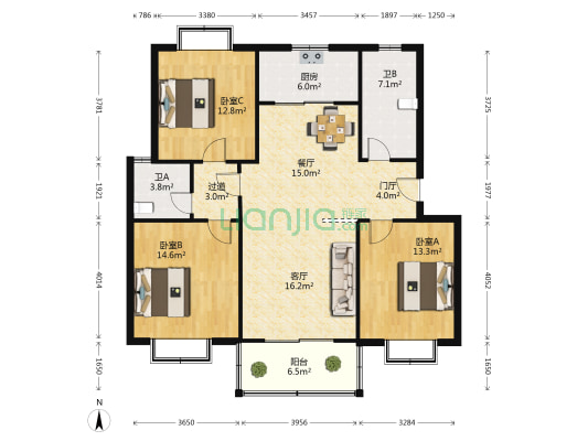 百绿公寓 3室2厅2卫 123平方