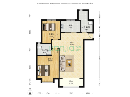 雍祥府 2室1厅2卫 98平方