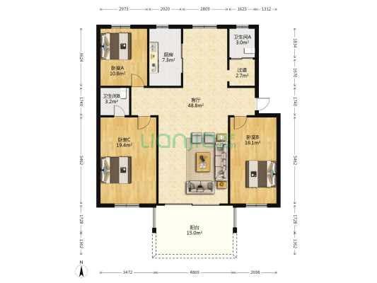 和谐家园 3室1厅2卫 130平方
