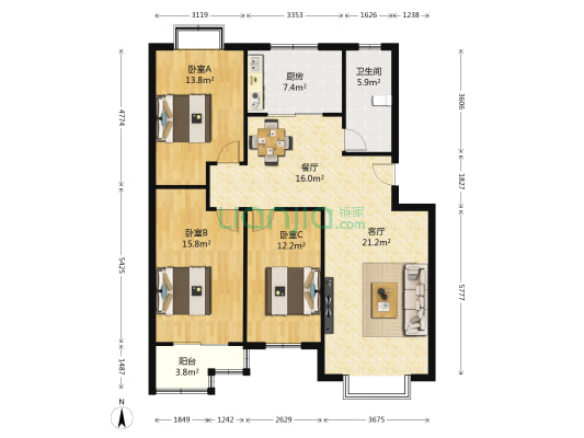 舒然家園 3室2厅1卫 121平方